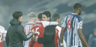 Mikel Arteta hugs Ainsley Maitland-Niles after Arsenal’s 4-0 win at the Hawthorns in January.