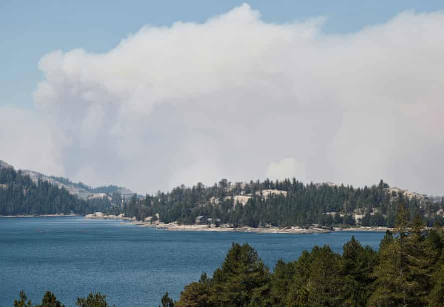 Smoke from the Caldor fire hovers over Caples Lake in Kirkwood, California.