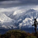 The snow-capped San Gabriel Mountains from the Hidden Hills trail in Chino Hills, southern California, to the east of LA.