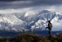 The snow-capped San Gabriel Mountains from the Hidden Hills trail in Chino Hills, southern California, to the east of LA.