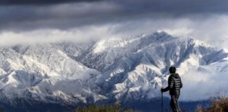 The snow-capped San Gabriel Mountains from the Hidden Hills trail in Chino Hills, southern California, to the east of LA.