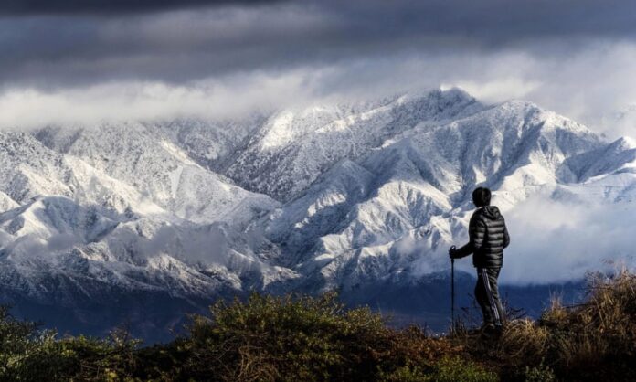 The snow-capped San Gabriel Mountains from the Hidden Hills trail in Chino Hills, southern California, to the east of LA.