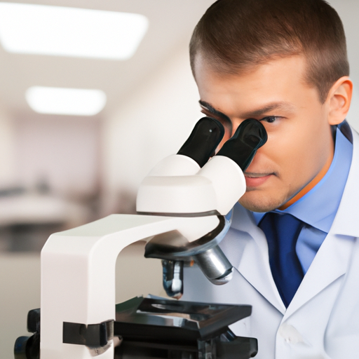 male scientist lookin in microscope