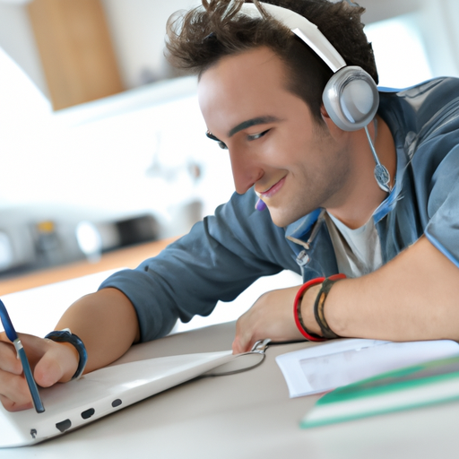 man wearing headphone and studying in front of laptop