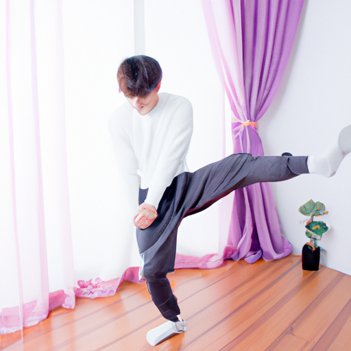 man wearing full clothes and doing stretching exercises